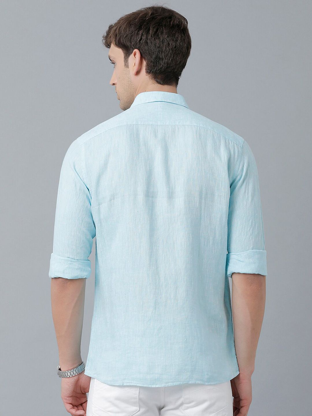 Linen Club Men's Pure Linen Turquoise Blue Solid Regular Fit Casual Shirt LCSFSDN010043