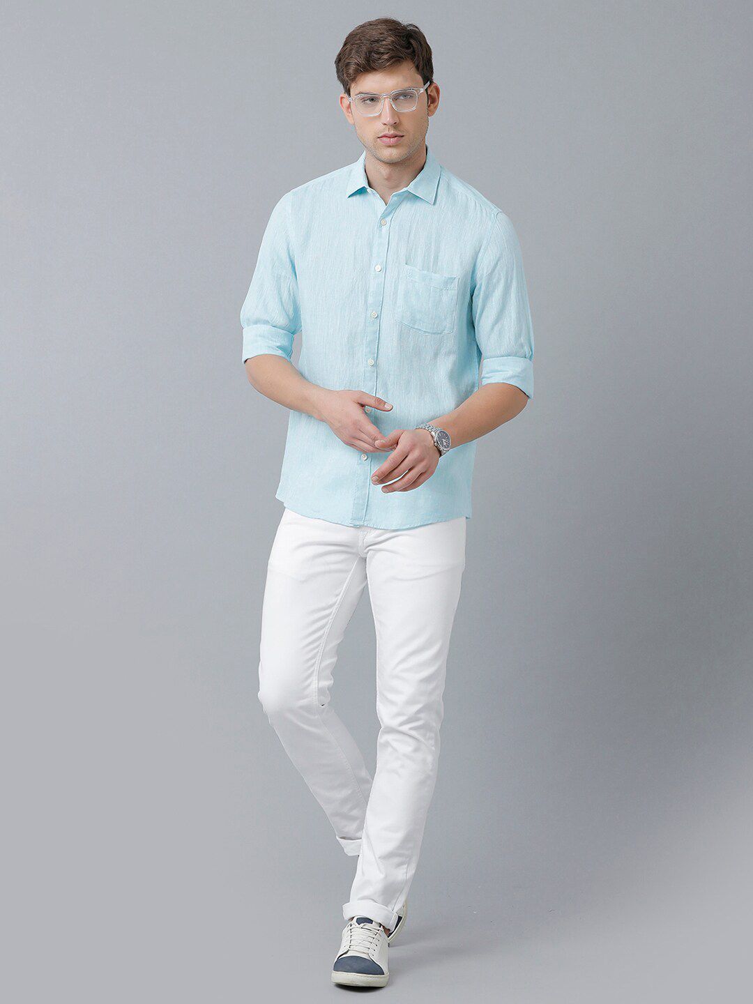 Linen Club Men's Pure Linen Turquoise Blue Solid Regular Fit Casual Shirt LCSFSDN010043