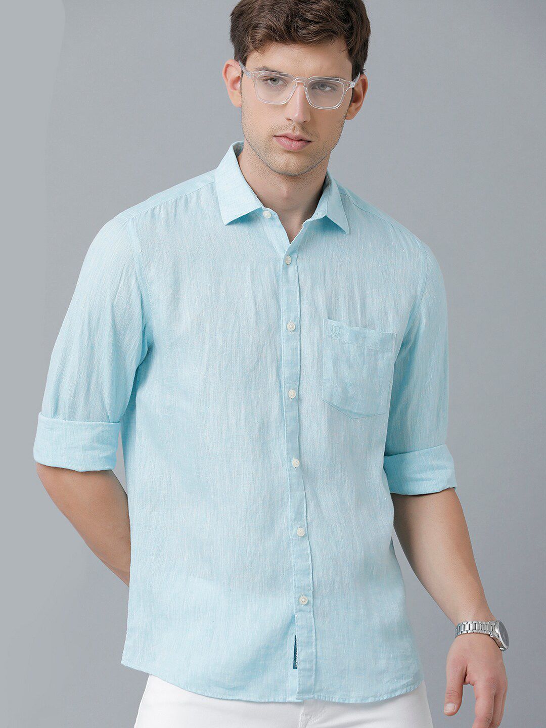 Linen Club Men's Pure Linen Turquoise Blue Solid Regular Fit Casual Shirt LCSFSDN010043