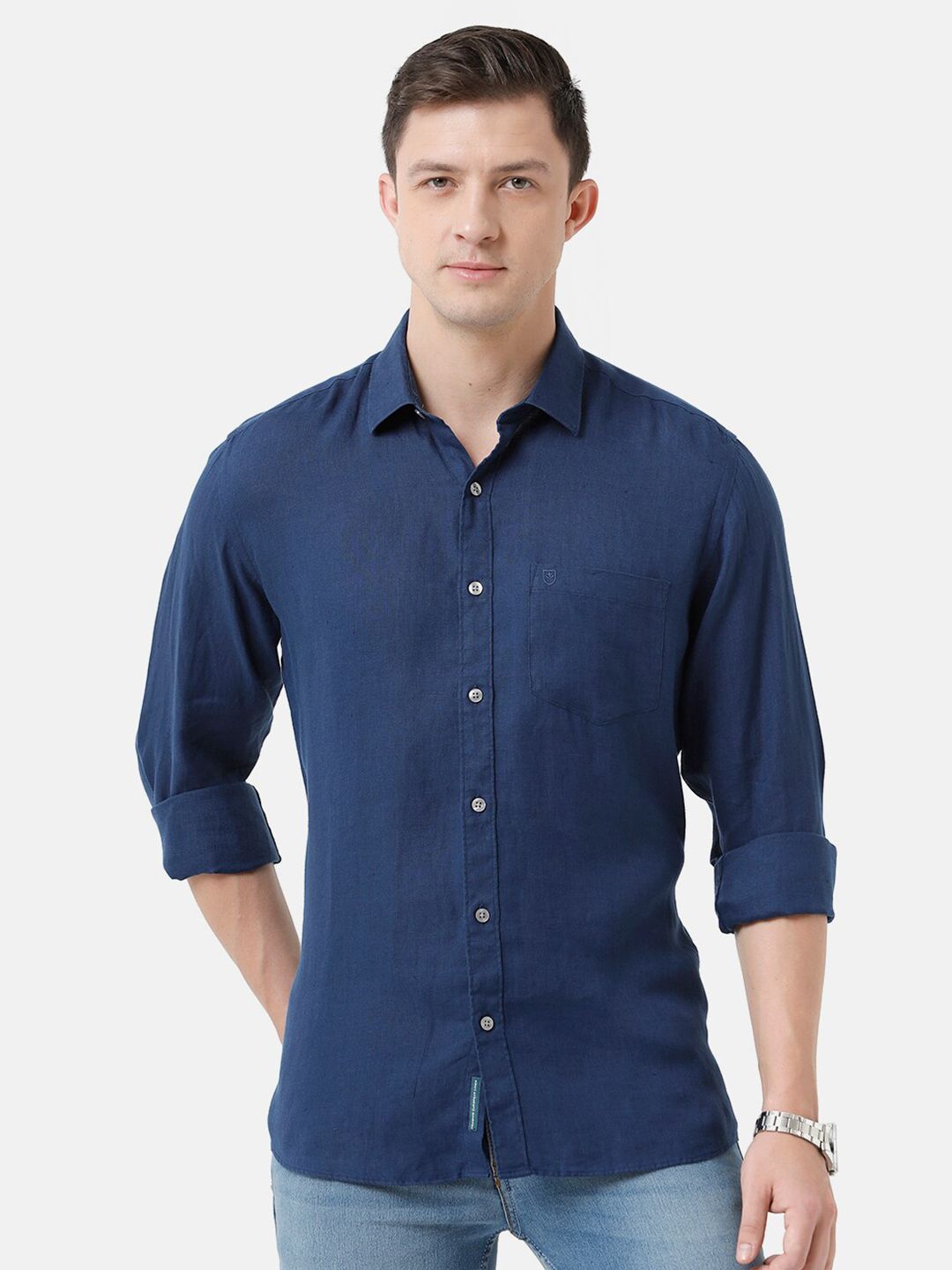 Linen Club Men's Pure Linen Navy Blue Solid Regular Fit Casual Shirt LCSFSDN010051