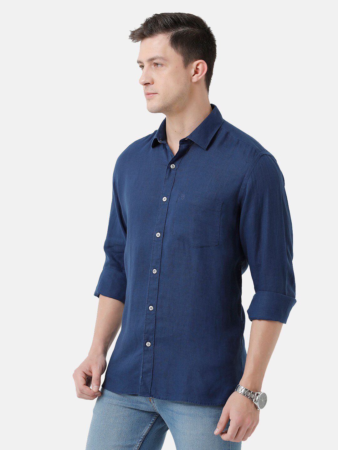 Linen Club Men's Pure Linen Navy Blue Solid Regular Fit Casual Shirt LCSFSDN010051