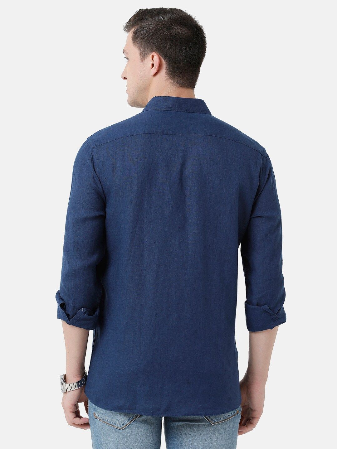 Linen Club Men's Pure Linen Navy Blue Solid Regular Fit Casual Shirt LCSFSDN010051