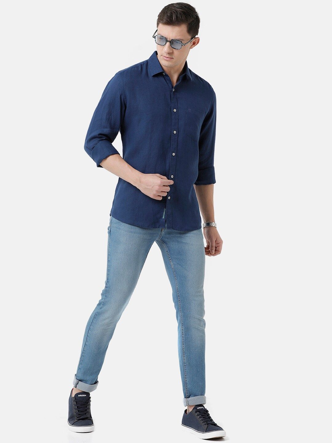 Linen Club Men's Pure Linen Navy Blue Solid Regular Fit Casual Shirt LCSFSDN010051