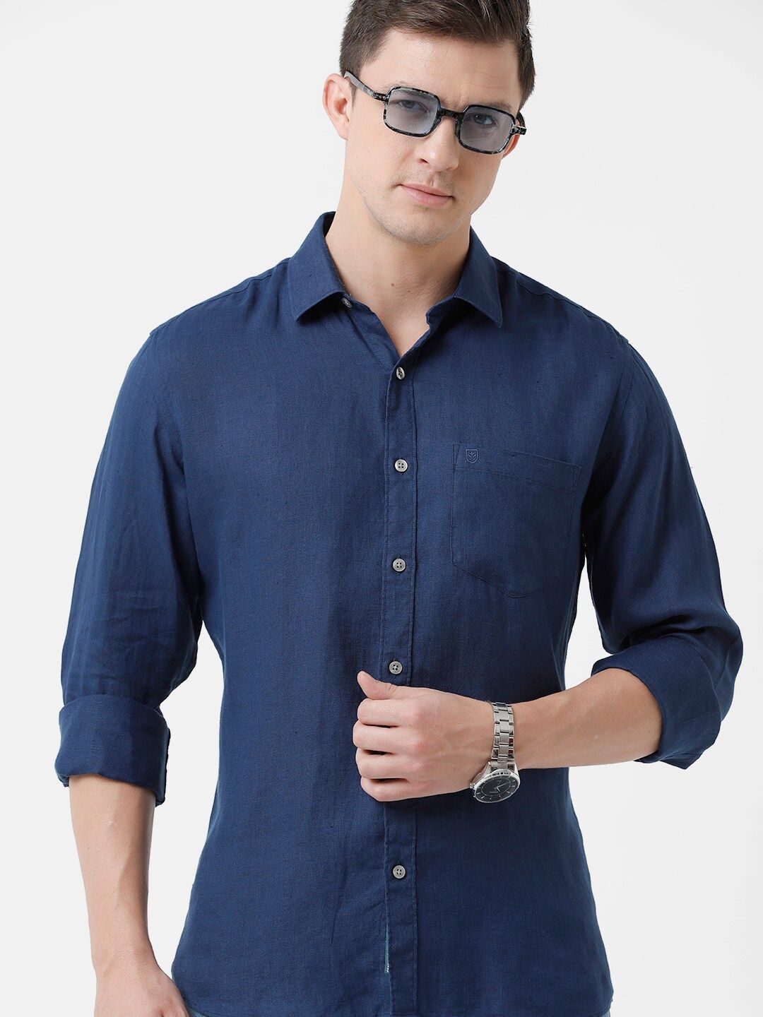 Linen Club Men's Pure Linen Navy Blue Solid Regular Fit Casual Shirt LCSFSDN010051