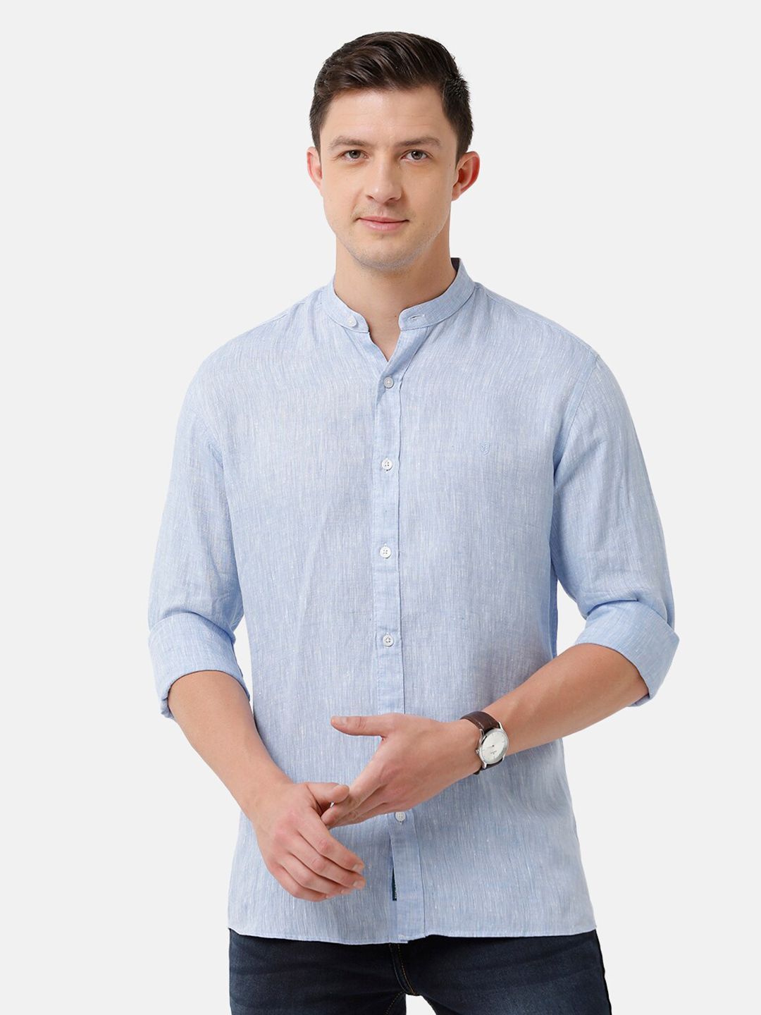 Linen Club Men's Pure Linen Light Blue Solid Regular Fit Casual Shirt LCSFSDN010059