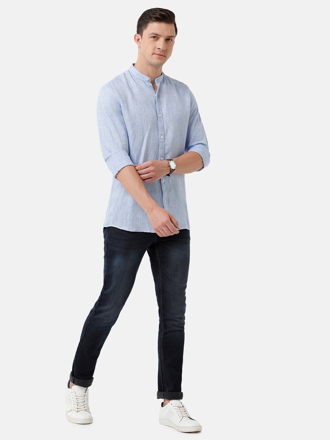 Linen Club Men's Pure Linen Light Blue Solid Regular Fit Casual Shirt LCSFSDN010059