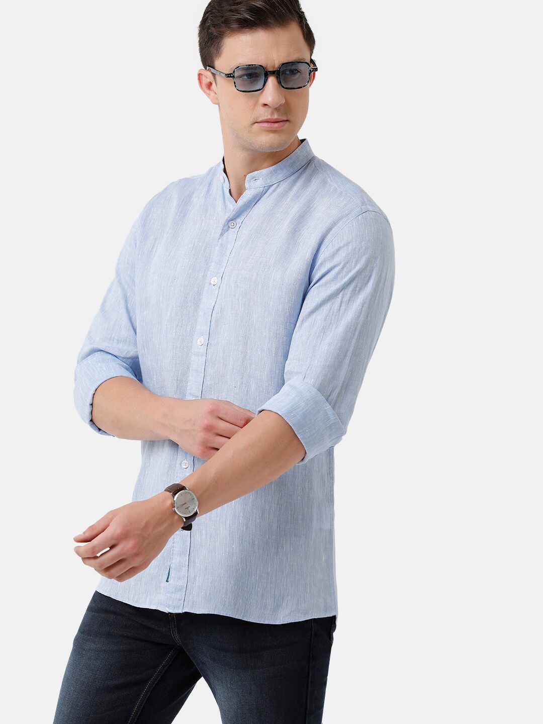 Linen Club Men's Pure Linen Light Blue Solid Regular Fit Casual Shirt LCSFSDN010059