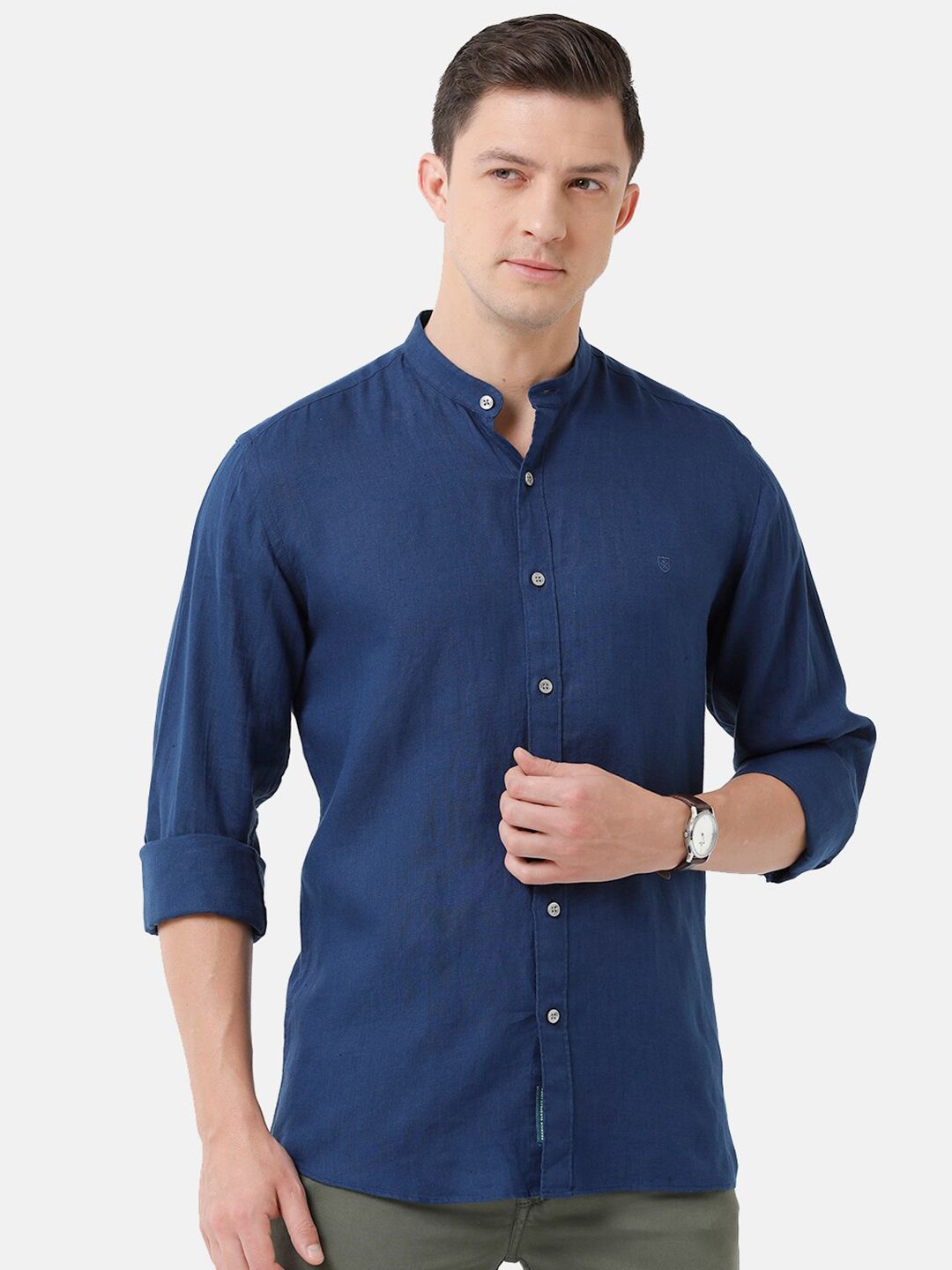 Linen Club Men's Pure Linen Navy Blue Solid Regular Fit Casual Shirt LCSFSDN010066