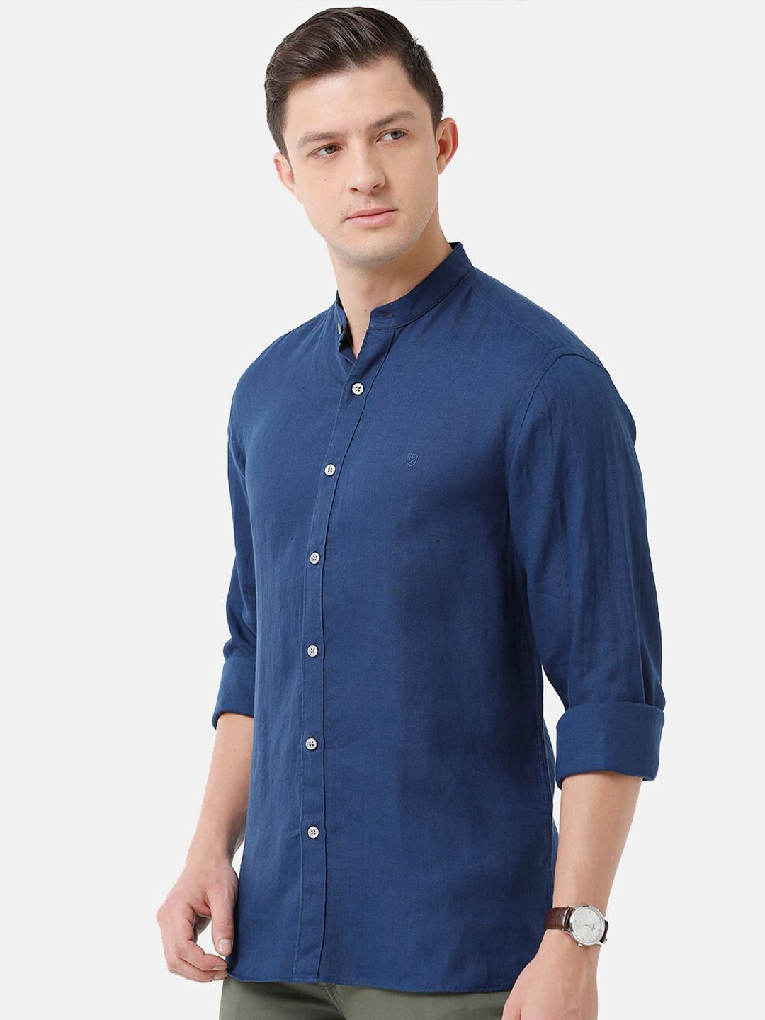 Linen Club Men's Pure Linen Navy Blue Solid Regular Fit Casual Shirt LCSFSDN010066
