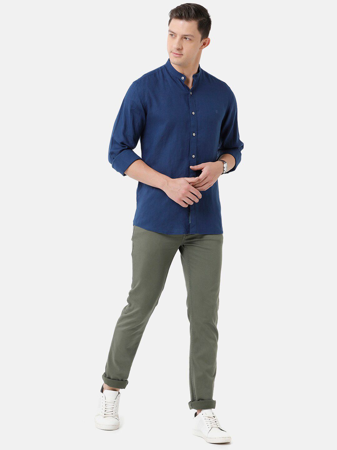 Linen Club Men's Pure Linen Navy Blue Solid Regular Fit Casual Shirt LCSFSDN010066