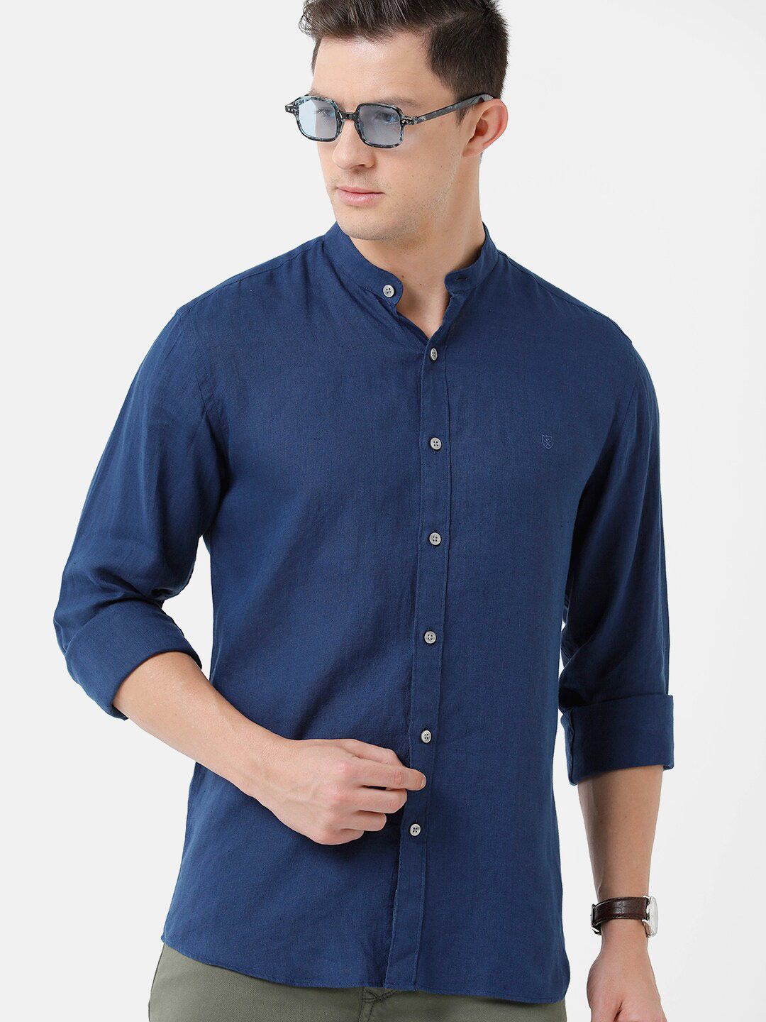 Linen Club Men's Pure Linen Navy Blue Solid Regular Fit Casual Shirt LCSFSDN010066