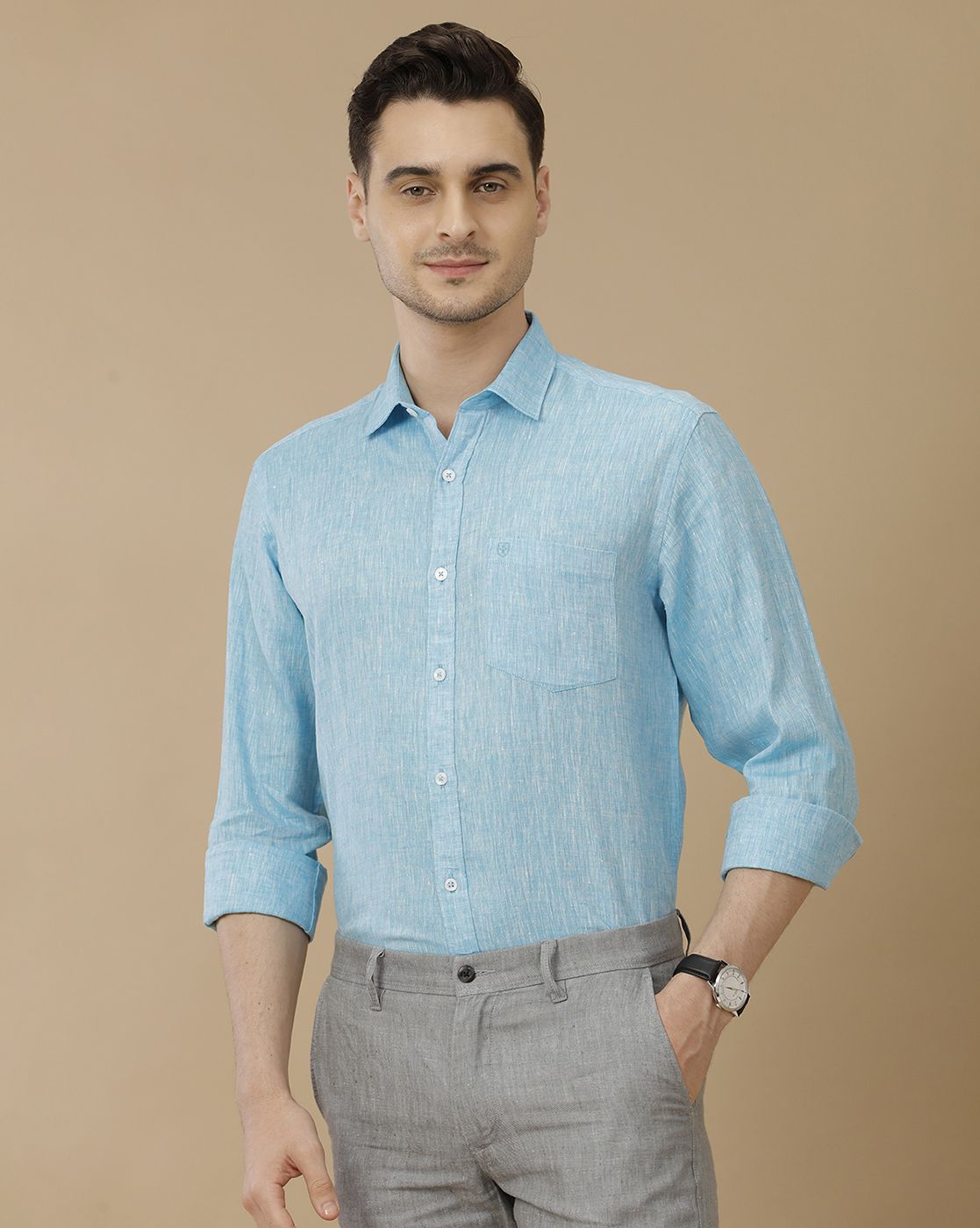 Men's Pure Linen Turquoise Blue Solid Contemporary Fit Full Sleeve Casual Shirt
