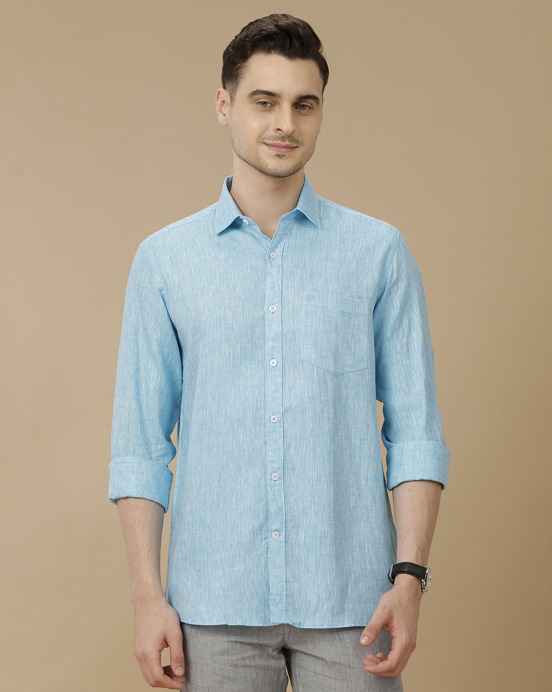 Men's Pure Linen Turquoise Blue Solid Contemporary Fit Full Sleeve Casual Shirt