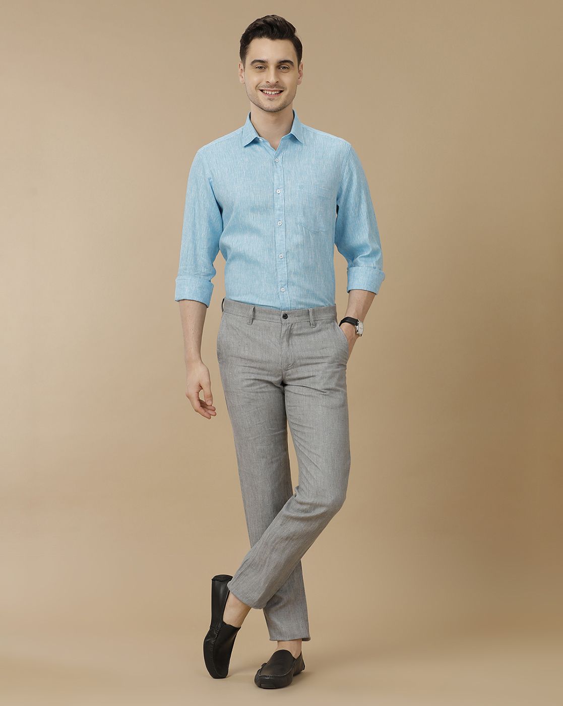 Men's Pure Linen Turquoise Blue Solid Contemporary Fit Full Sleeve Casual Shirt