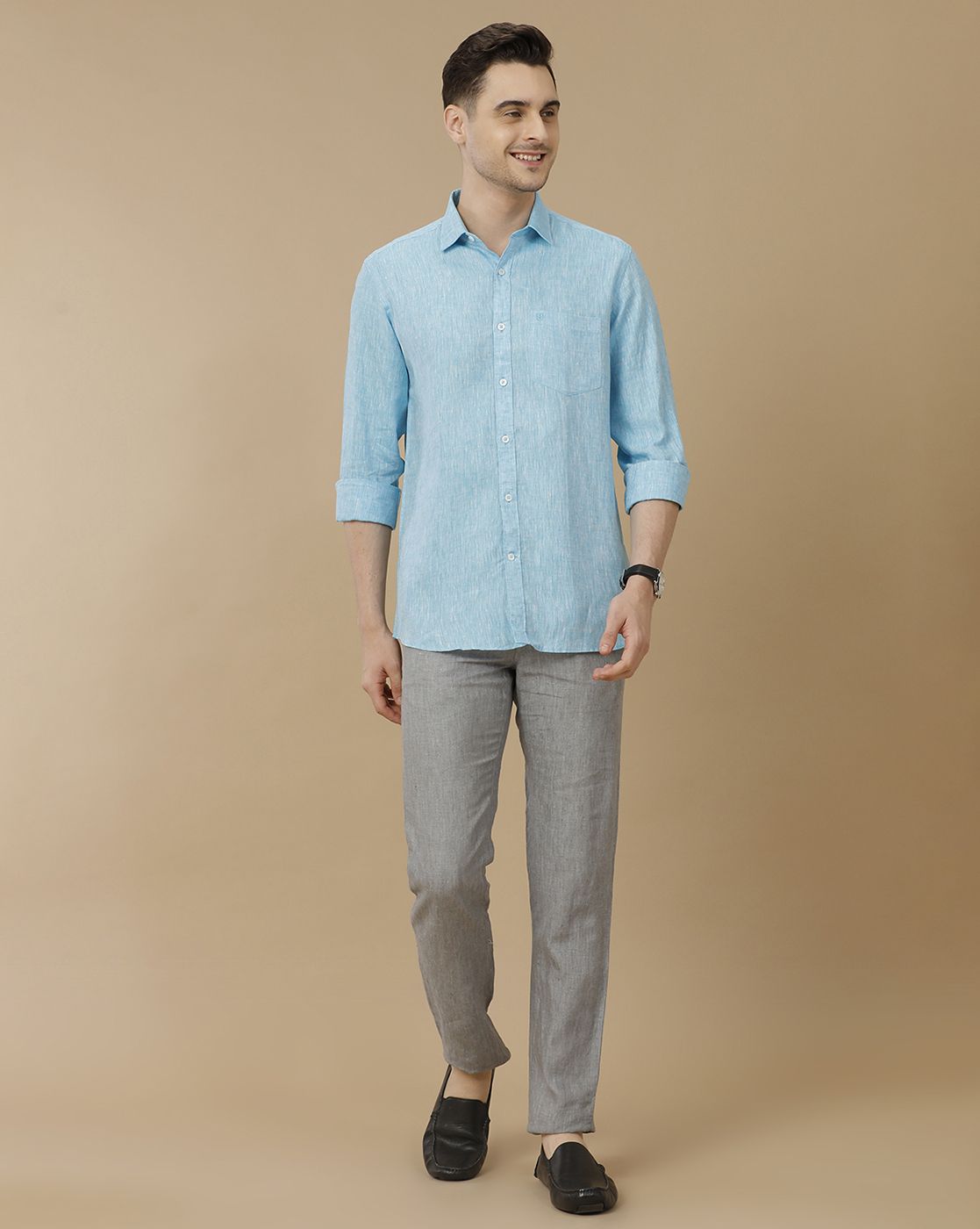 Men's Pure Linen Turquoise Blue Solid Contemporary Fit Full Sleeve Casual Shirt
