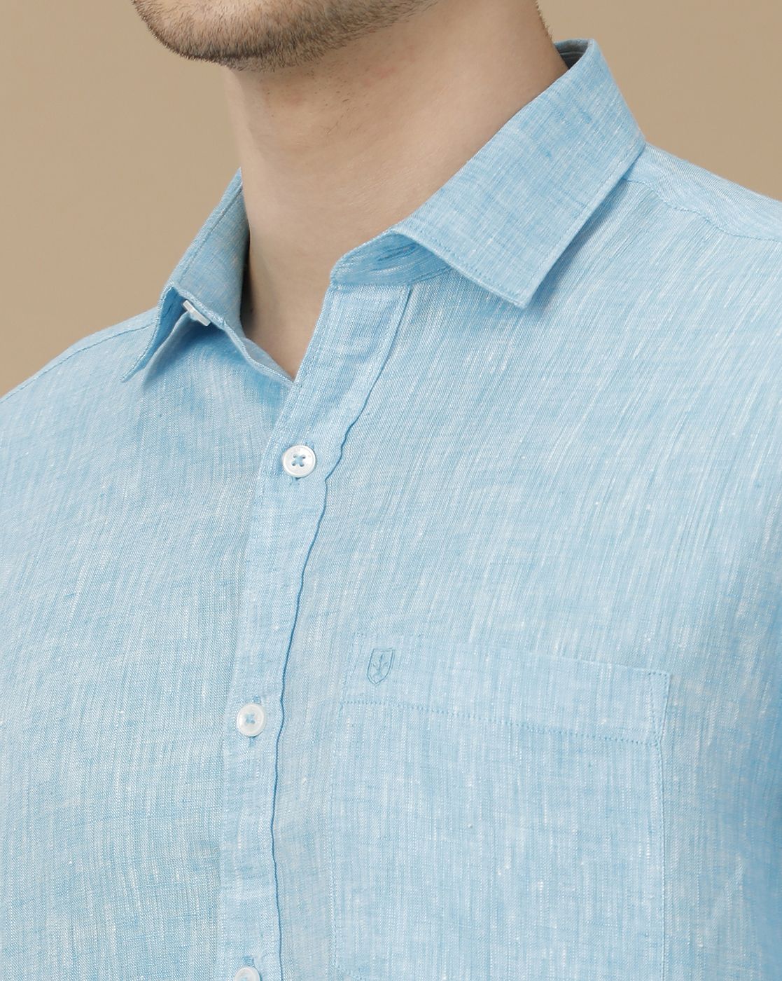 Men's Pure Linen Turquoise Blue Solid Contemporary Fit Full Sleeve Casual Shirt