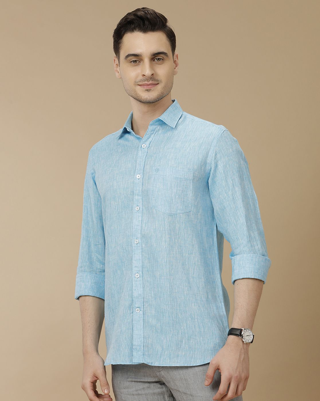 Men's Pure Linen Turquoise Blue Solid Contemporary Fit Full Sleeve Casual Shirt