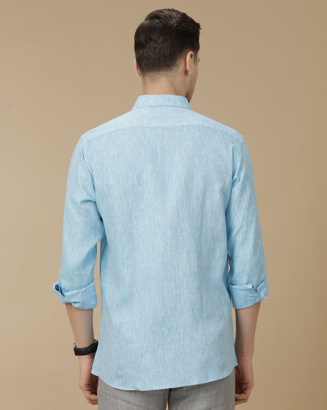 Men's Pure Linen Turquoise Blue Solid Contemporary Fit Full Sleeve Casual Shirt