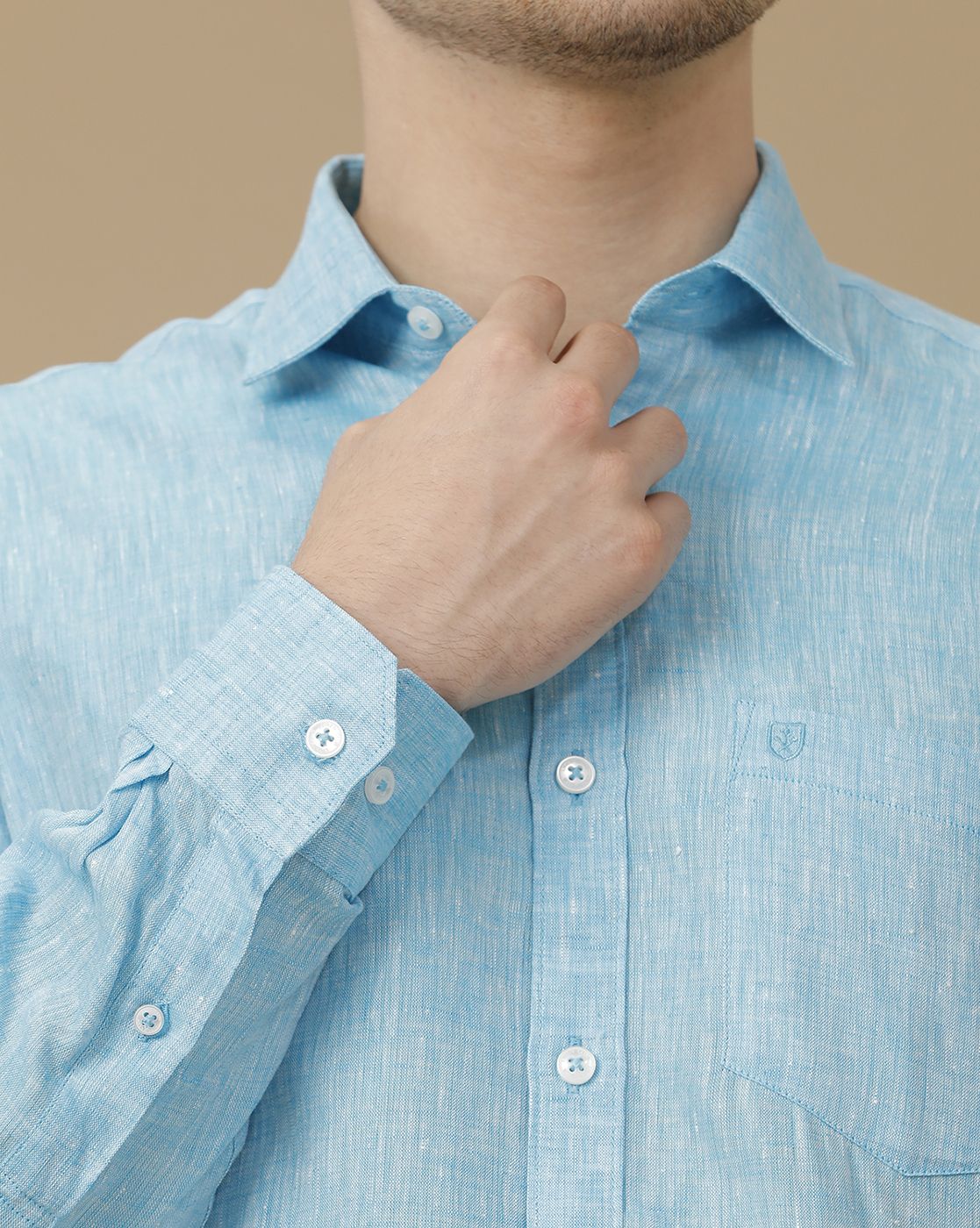 Men's Pure Linen Turquoise Blue Solid Contemporary Fit Full Sleeve Casual Shirt