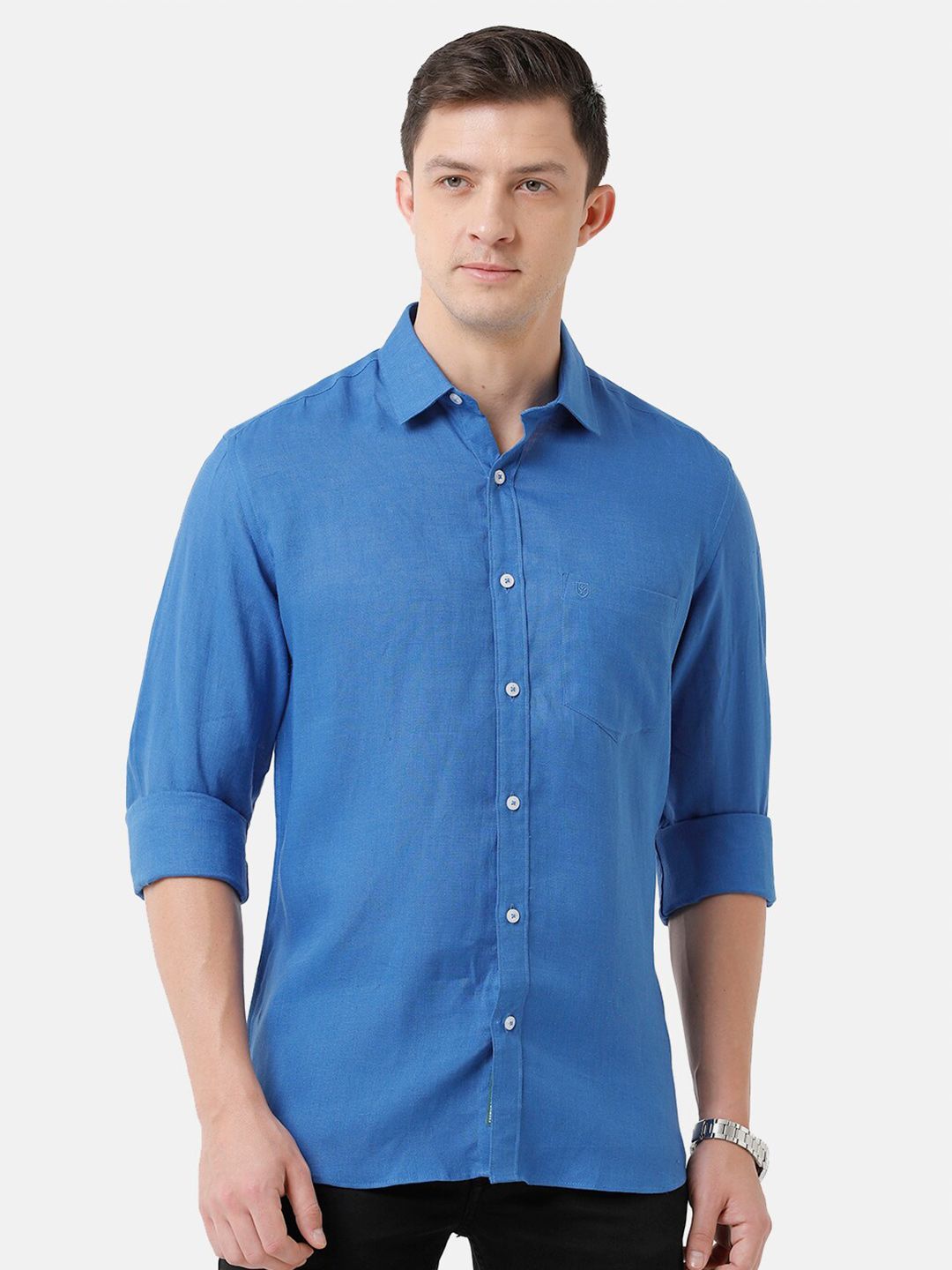 Linen Club Men's Pure Linen Blue Solid Regular Fit Casual Shirt LCSFSDN010100
