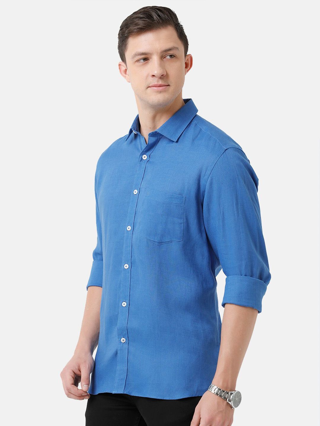 Linen Club Men's Pure Linen Blue Solid Regular Fit Casual Shirt LCSFSDN010100
