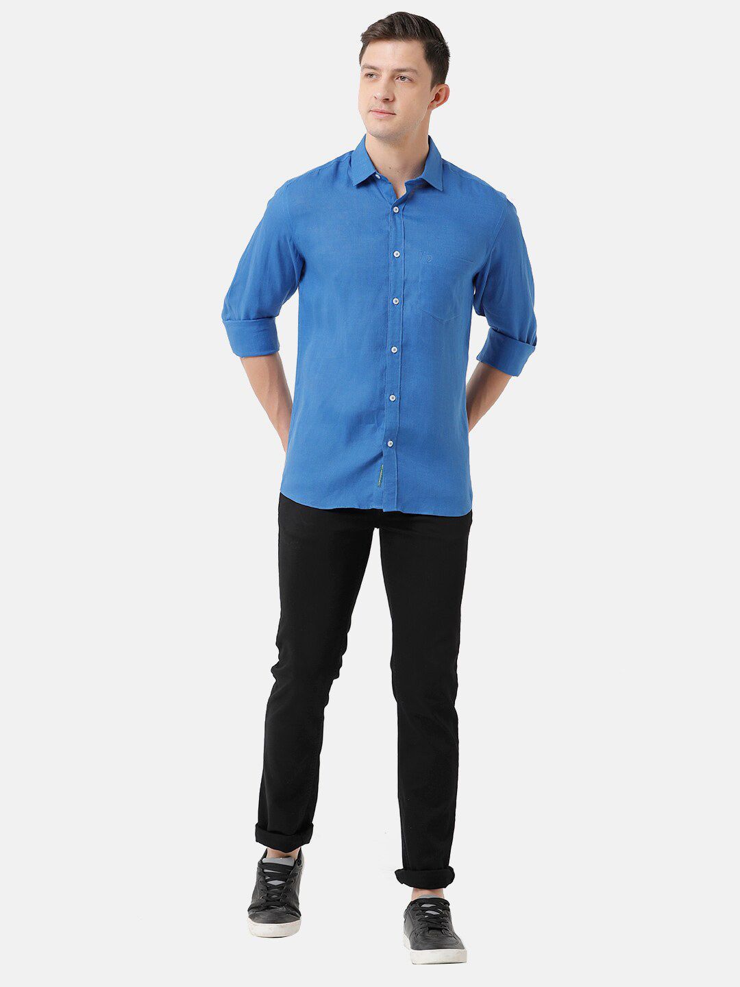 Linen Club Men's Pure Linen Blue Solid Regular Fit Casual Shirt LCSFSDN010100