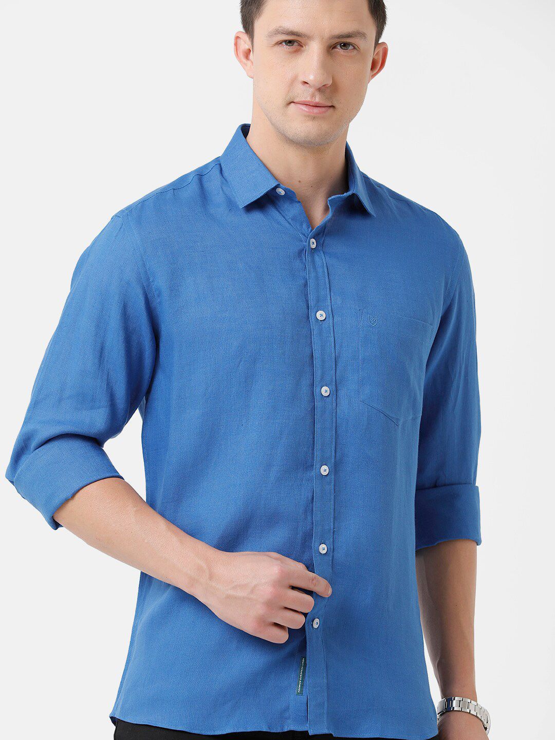 Linen Club Men's Pure Linen Blue Solid Regular Fit Casual Shirt LCSFSDN010100