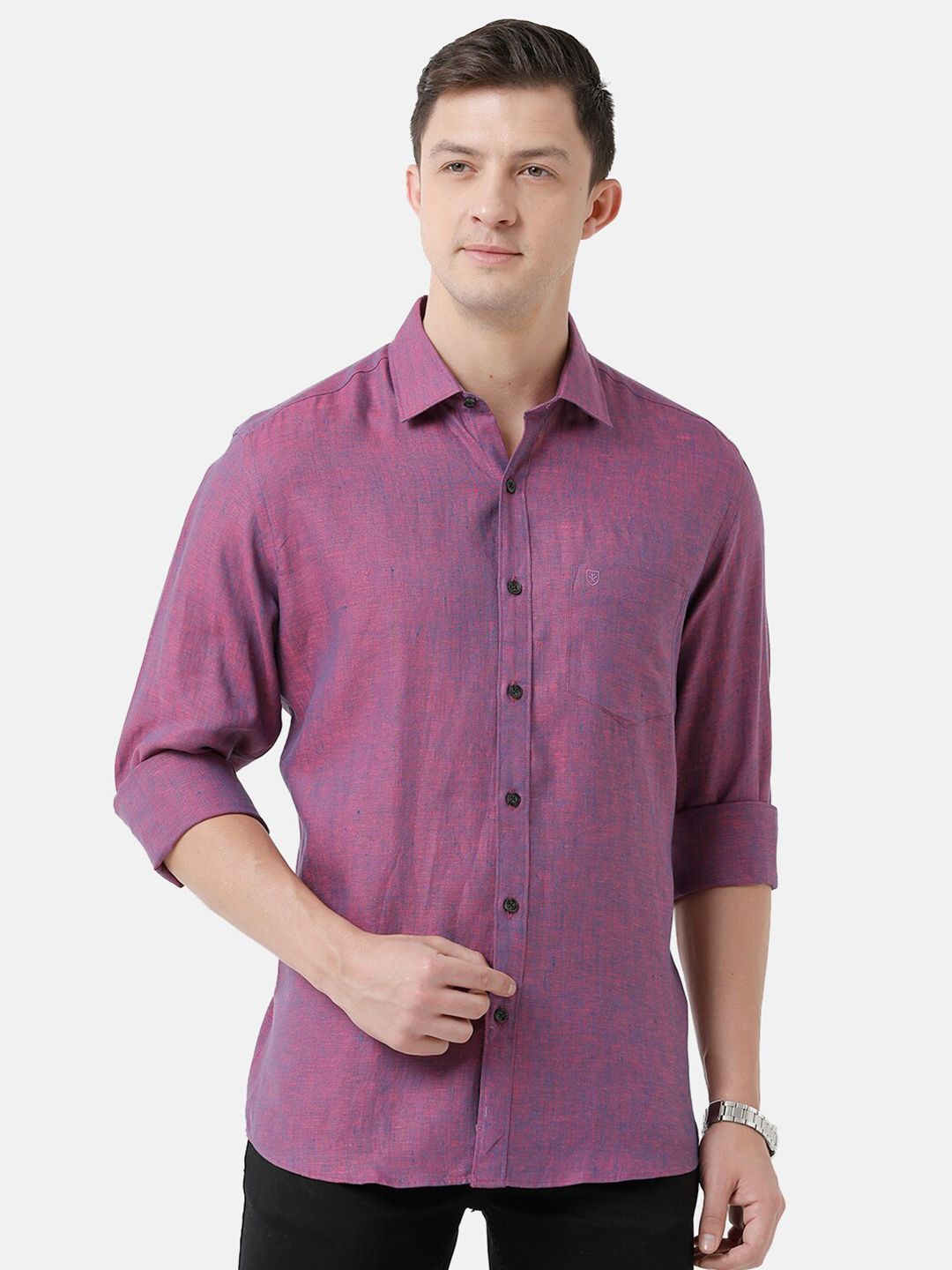 Linen Club Men's Pure Linen Purple Solid Regular Fit Casual Shirt LCSFSDN010102