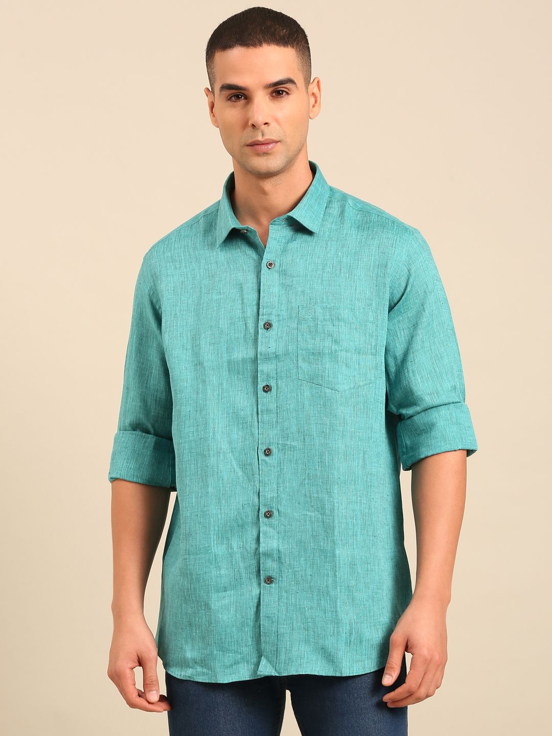Linen Club Men's Contemporary Fit Linen cotton Full Sleeve Solid Shirt LCSFSDN010110