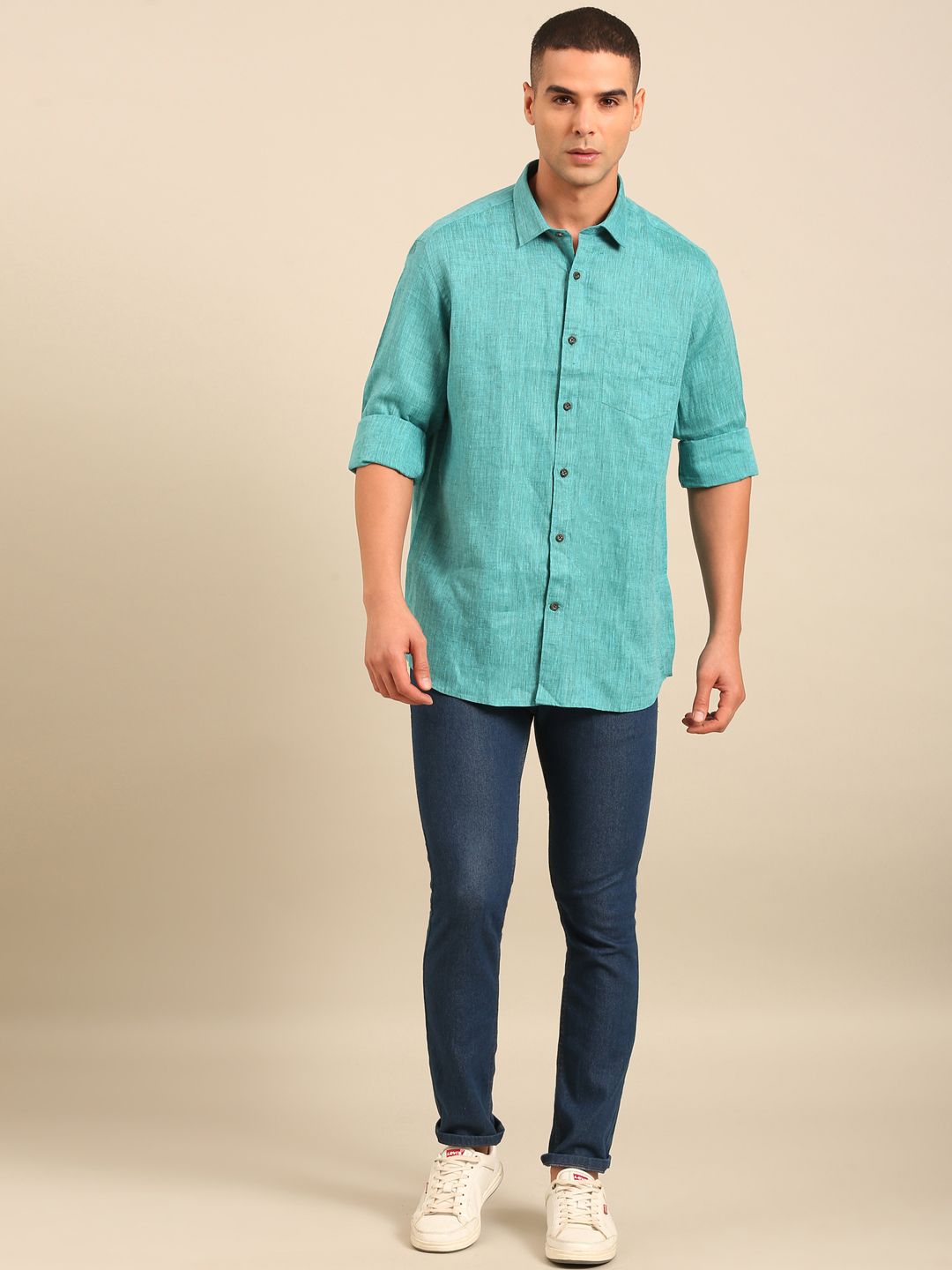 Linen Club Men's Contemporary Fit Linen cotton Full Sleeve Solid Shirt LCSFSDN010110