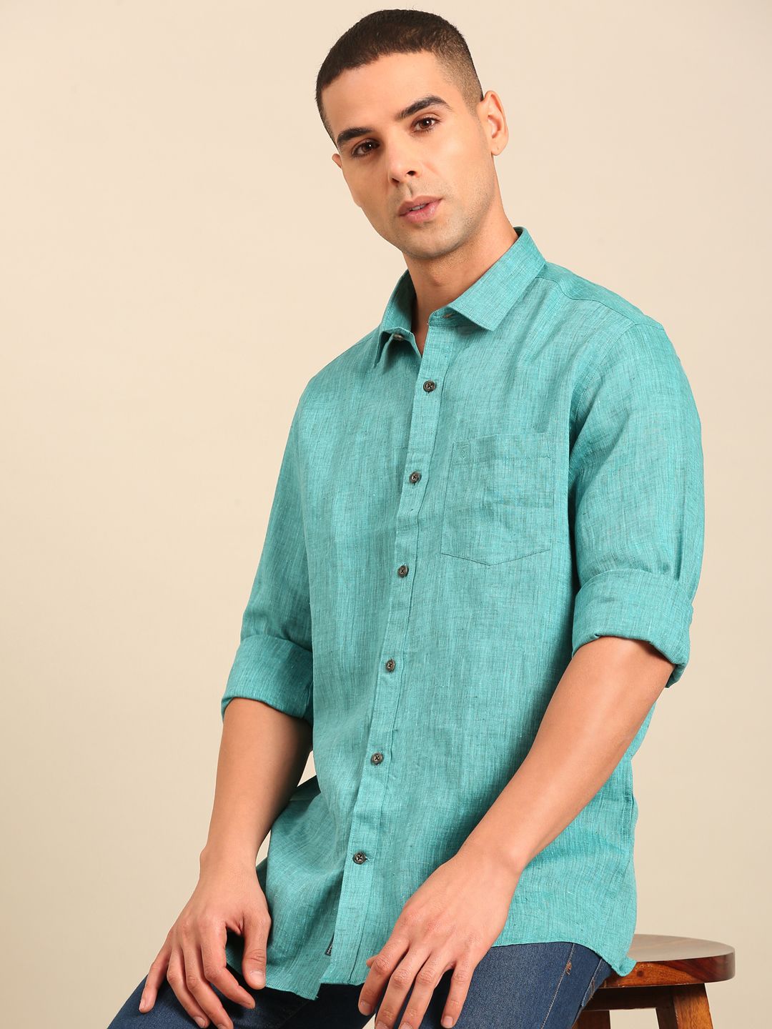 Linen Club Men's Contemporary Fit Linen cotton Full Sleeve Solid Shirt LCSFSDN010110