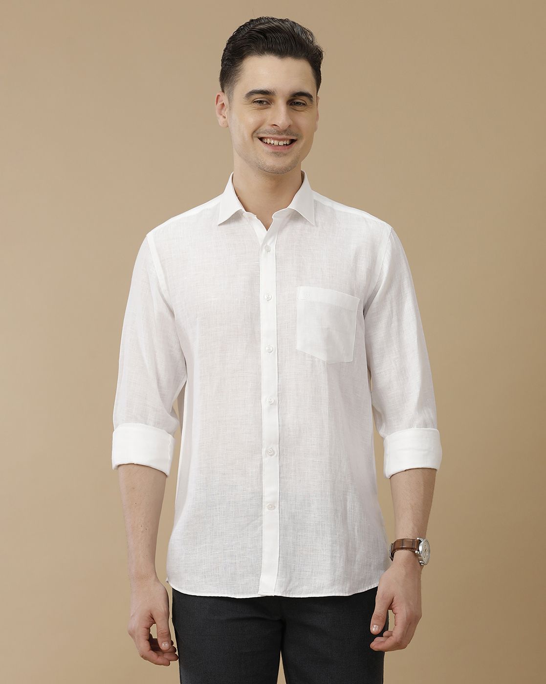 Men's Pure Linen White Solid Contemporary Fit Full Sleeve Casual Shirt