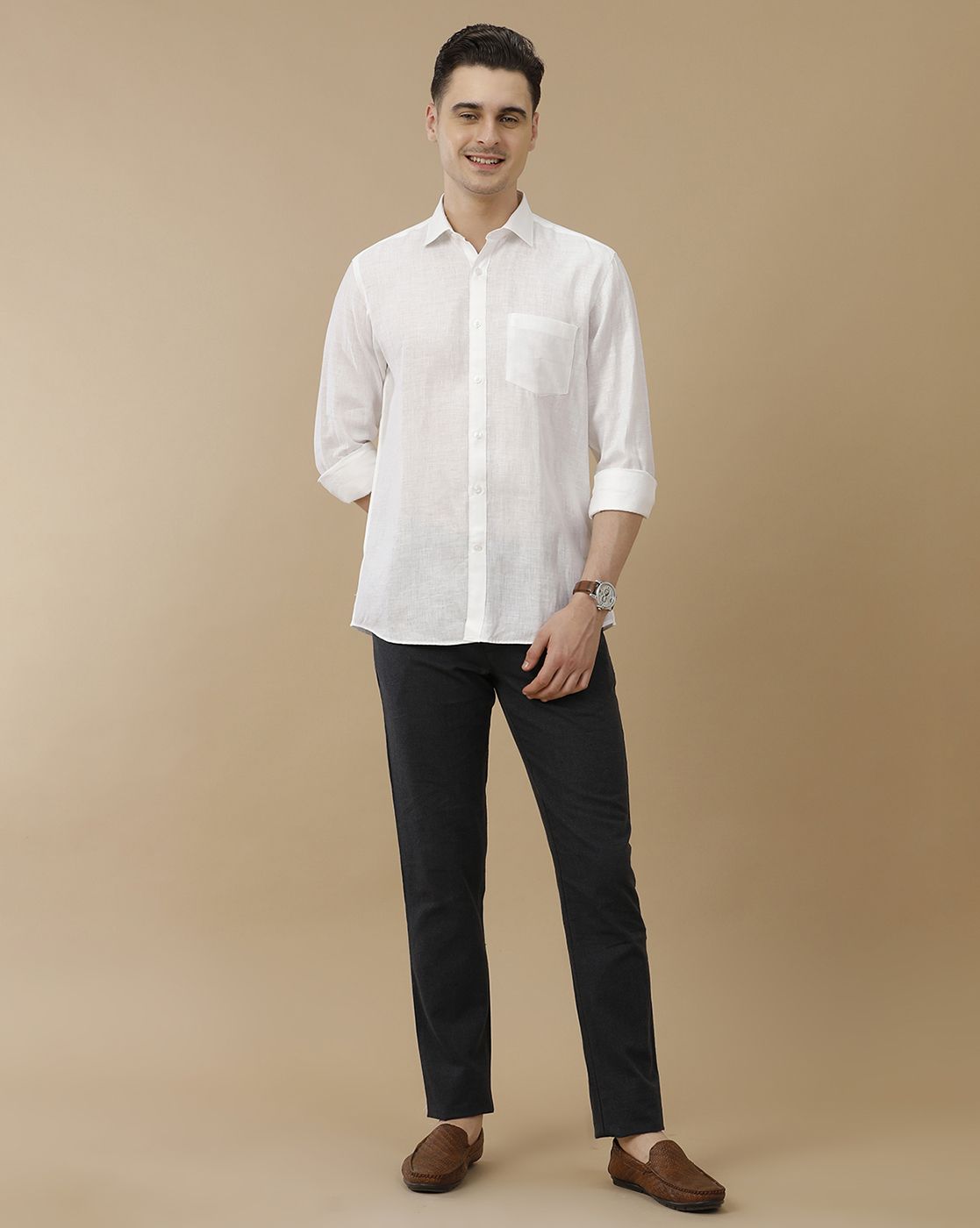 Men's Pure Linen White Solid Contemporary Fit Full Sleeve Casual Shirt