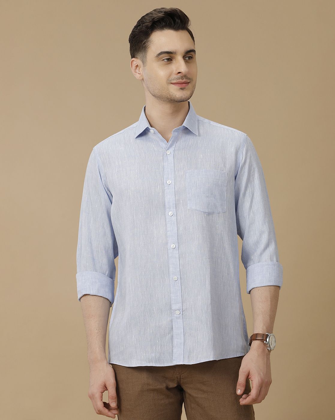 Men's Pure Linen Blue Solid Contemporary Fit Full Sleeve Casual Shirt