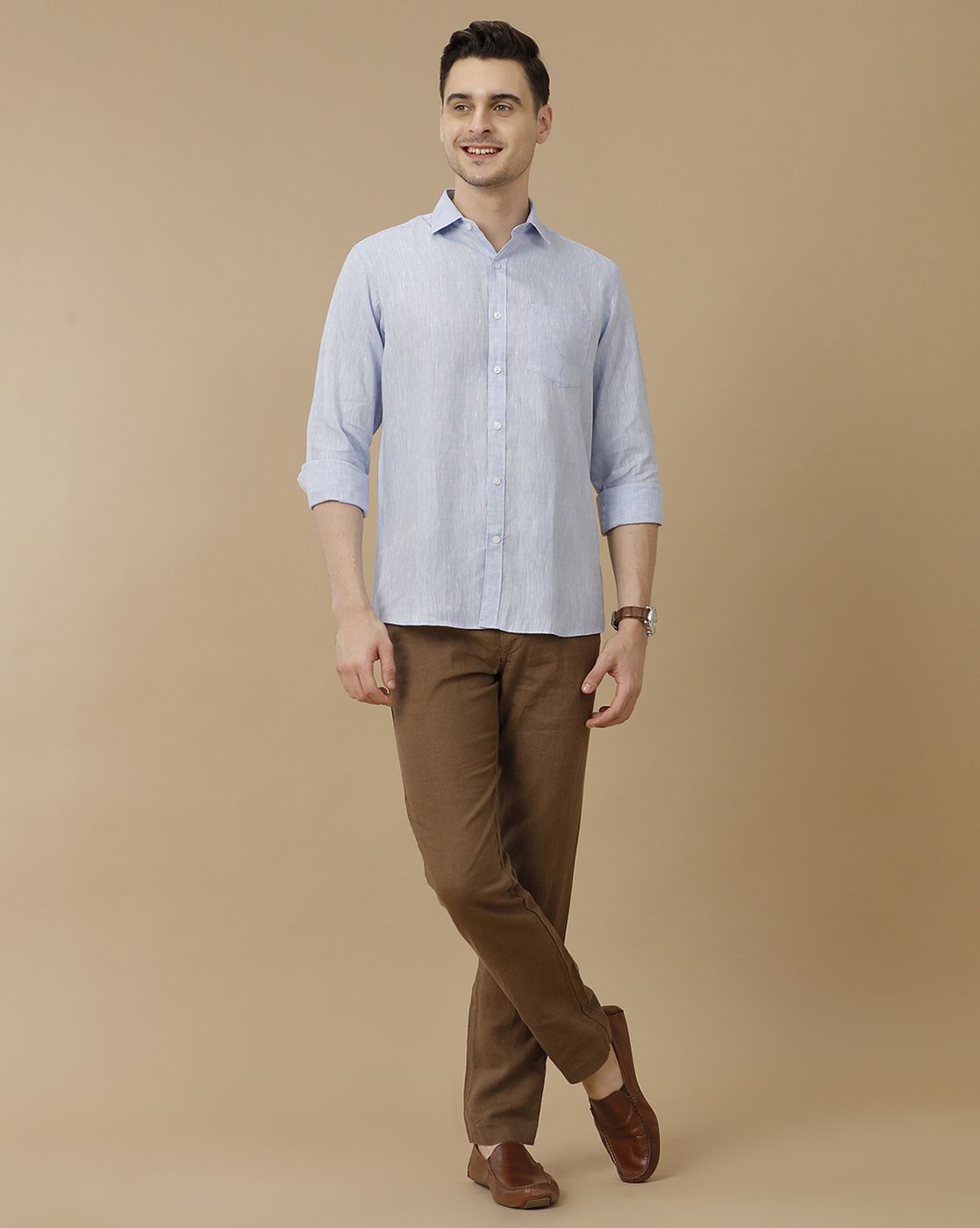 Men's Pure Linen Blue Solid Contemporary Fit Full Sleeve Casual Shirt