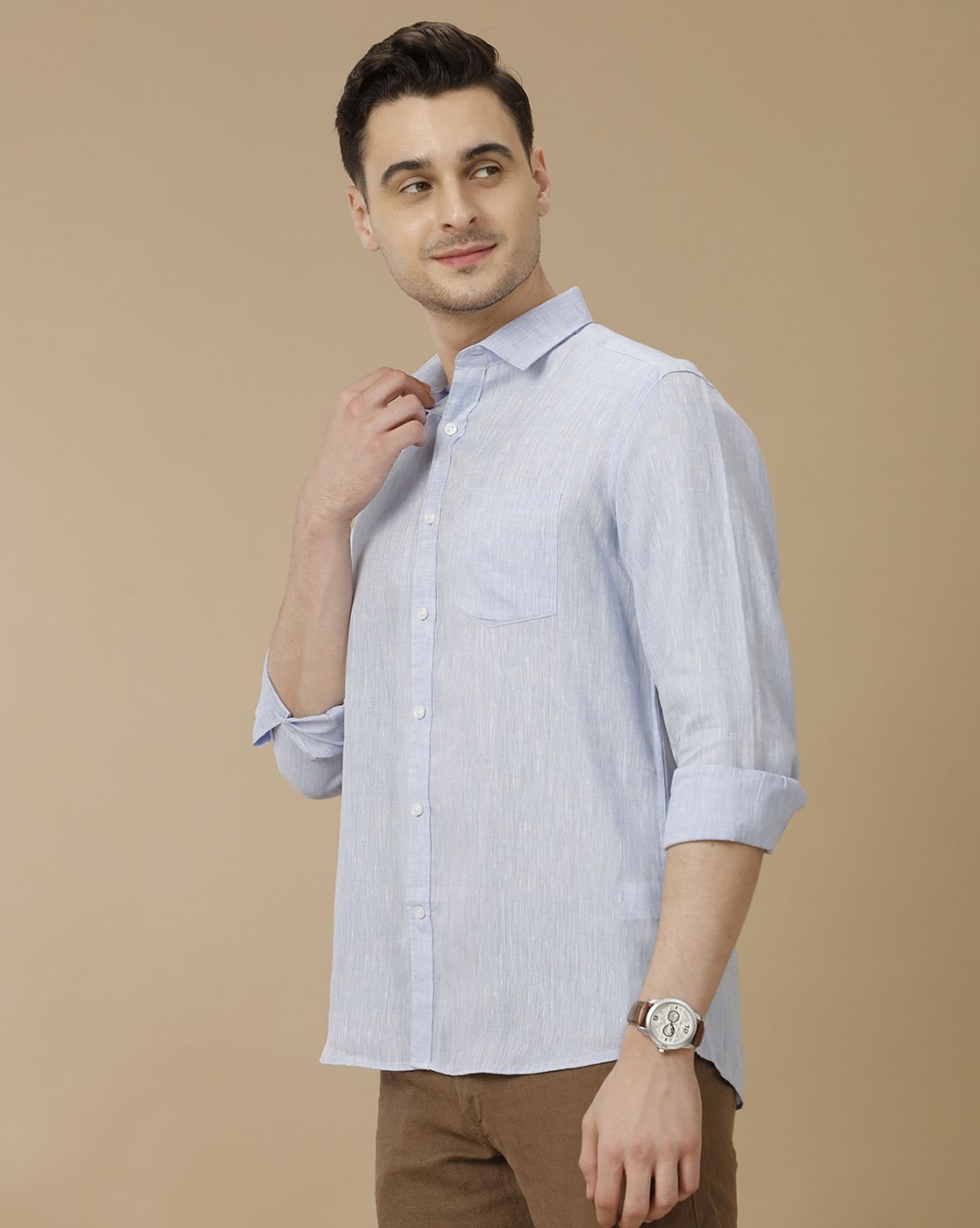 Men's Pure Linen Blue Solid Contemporary Fit Full Sleeve Casual Shirt