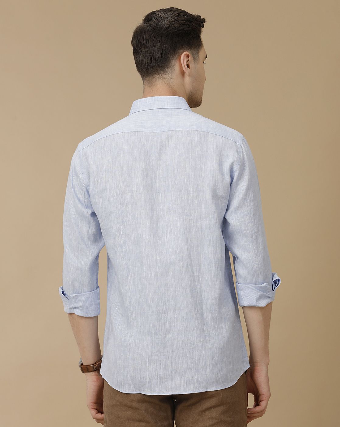Men's Pure Linen Blue Solid Contemporary Fit Full Sleeve Casual Shirt