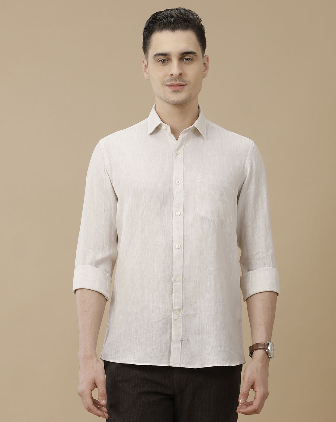 Men's Pure Linen Beige Solid Contemporary Fit Full Sleeve Casual Shirt