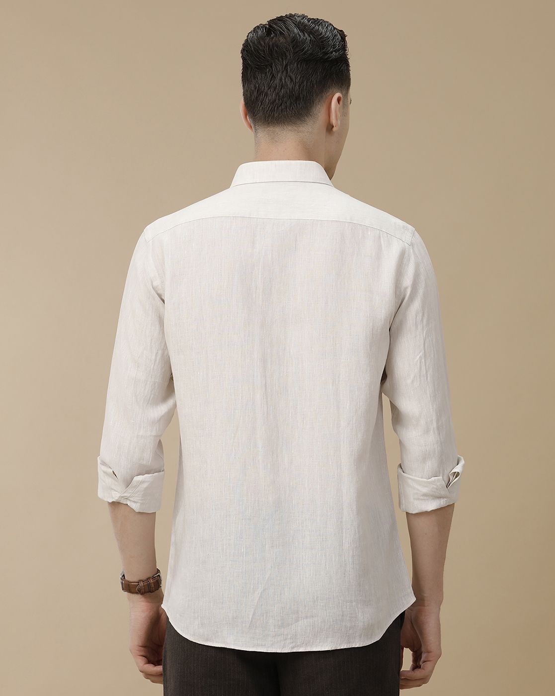 Men's Pure Linen Beige Solid Contemporary Fit Full Sleeve Casual Shirt
