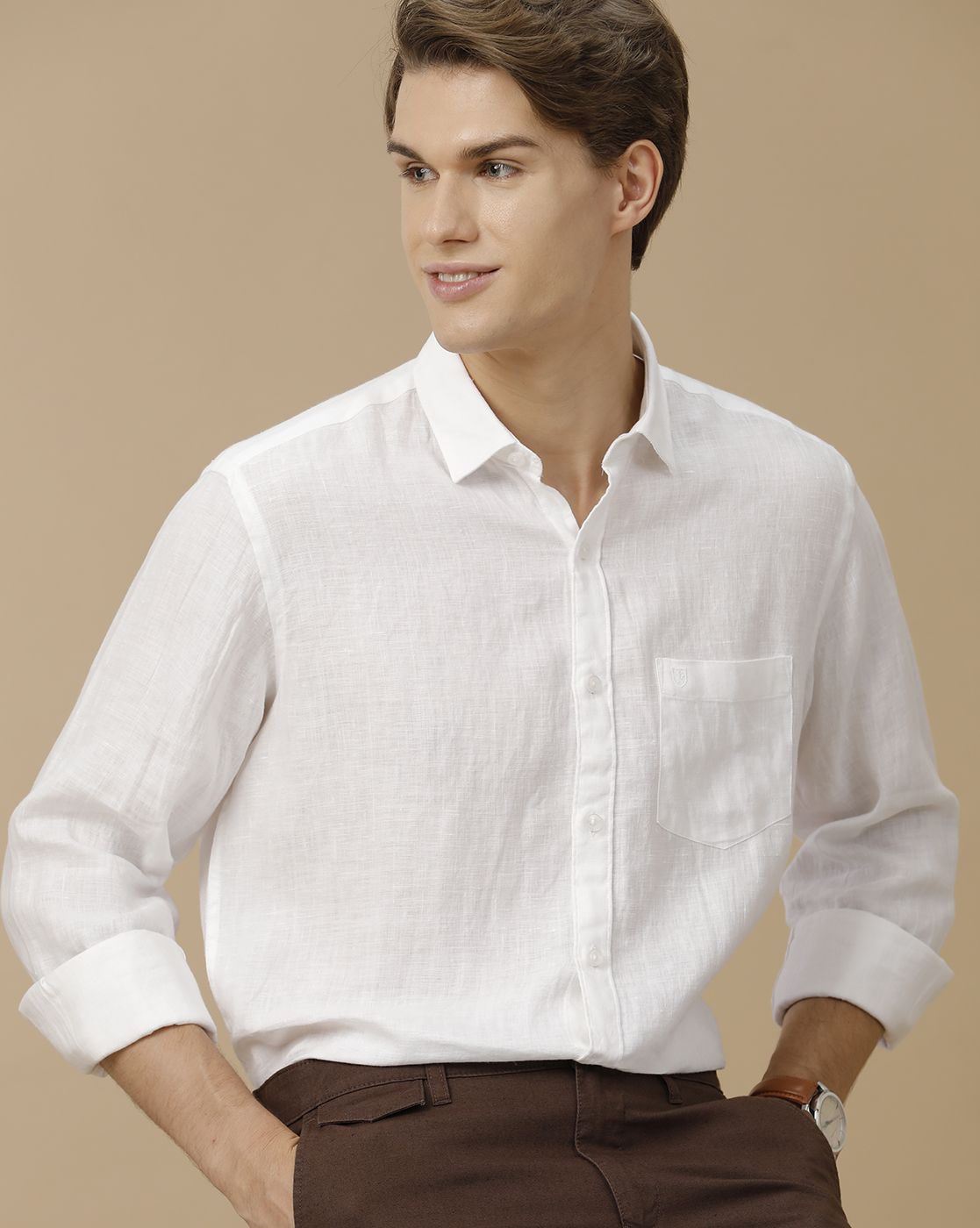 Men's Pure Linen White Solid Contemporary Fit Full Sleeve Casual Shirt