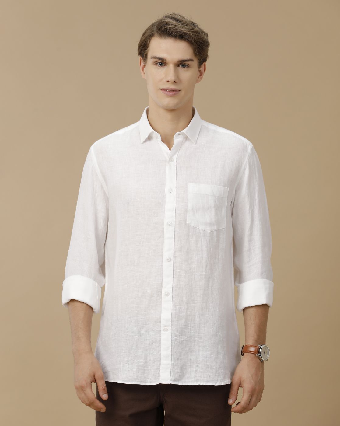 Men's Pure Linen White Solid Contemporary Fit Full Sleeve Casual Shirt