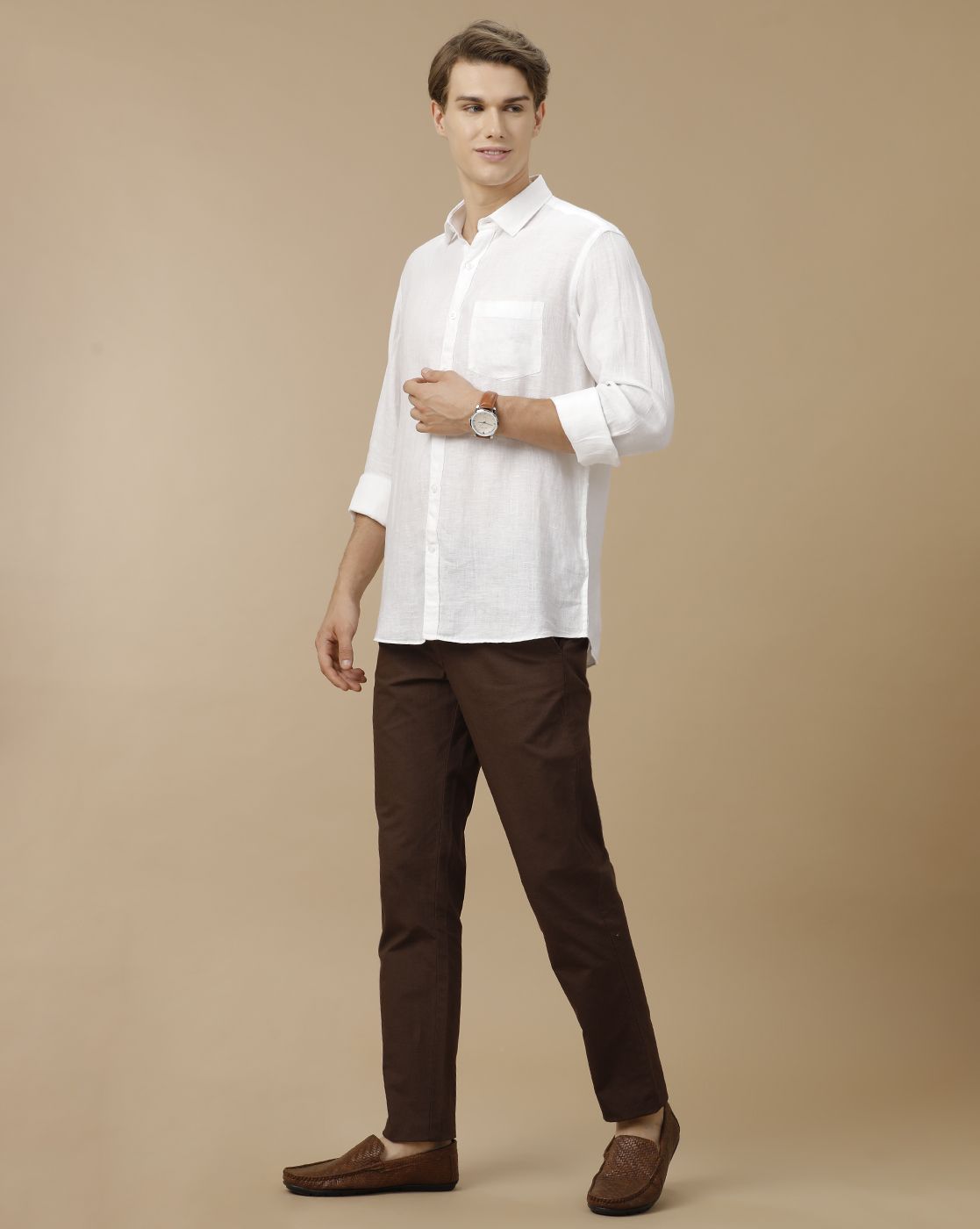 Men's Pure Linen White Solid Contemporary Fit Full Sleeve Casual Shirt