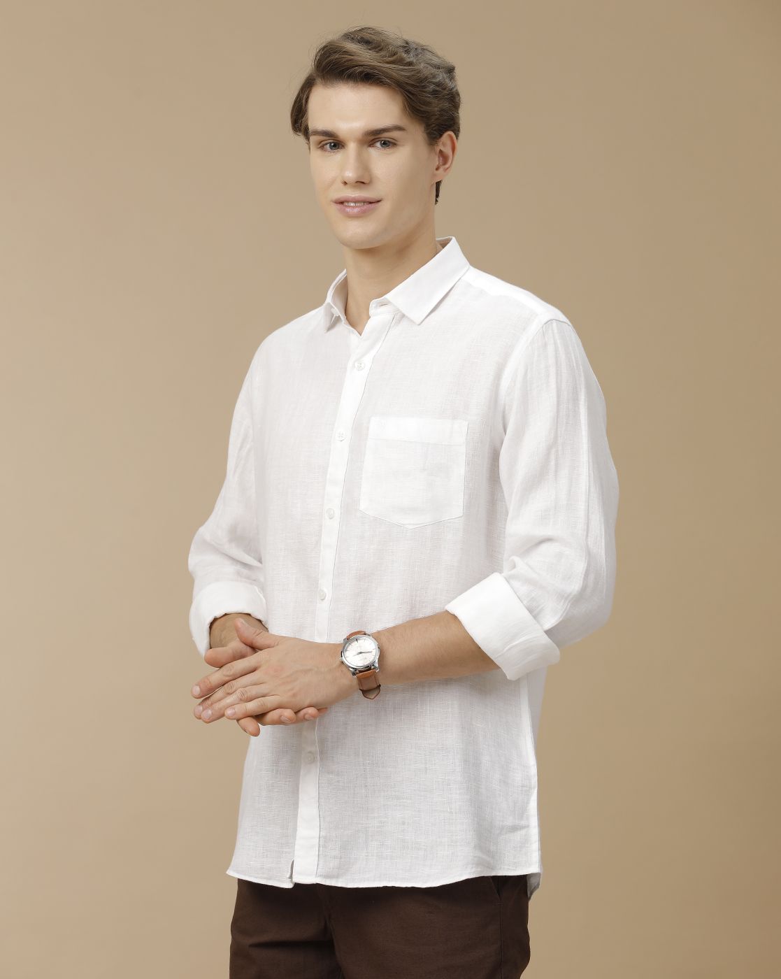 Men's Pure Linen White Solid Contemporary Fit Full Sleeve Casual Shirt