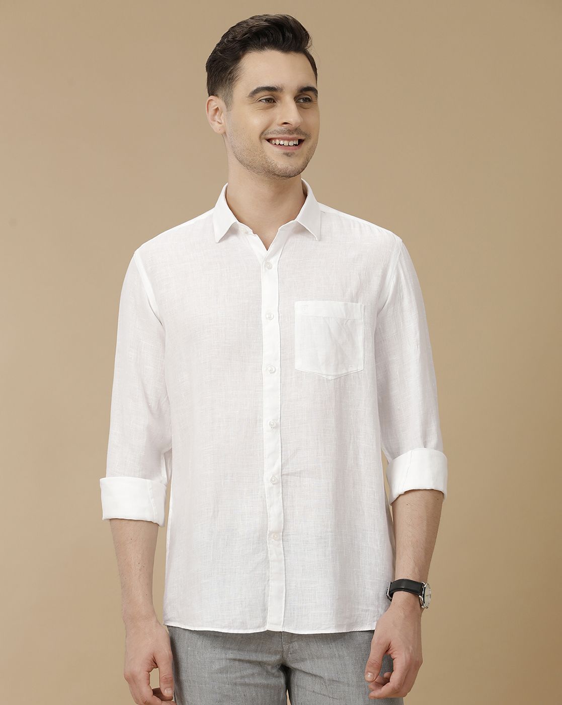 Men's Pure Linen White Solid Contemporary Fit Full Sleeve Casual Shirt