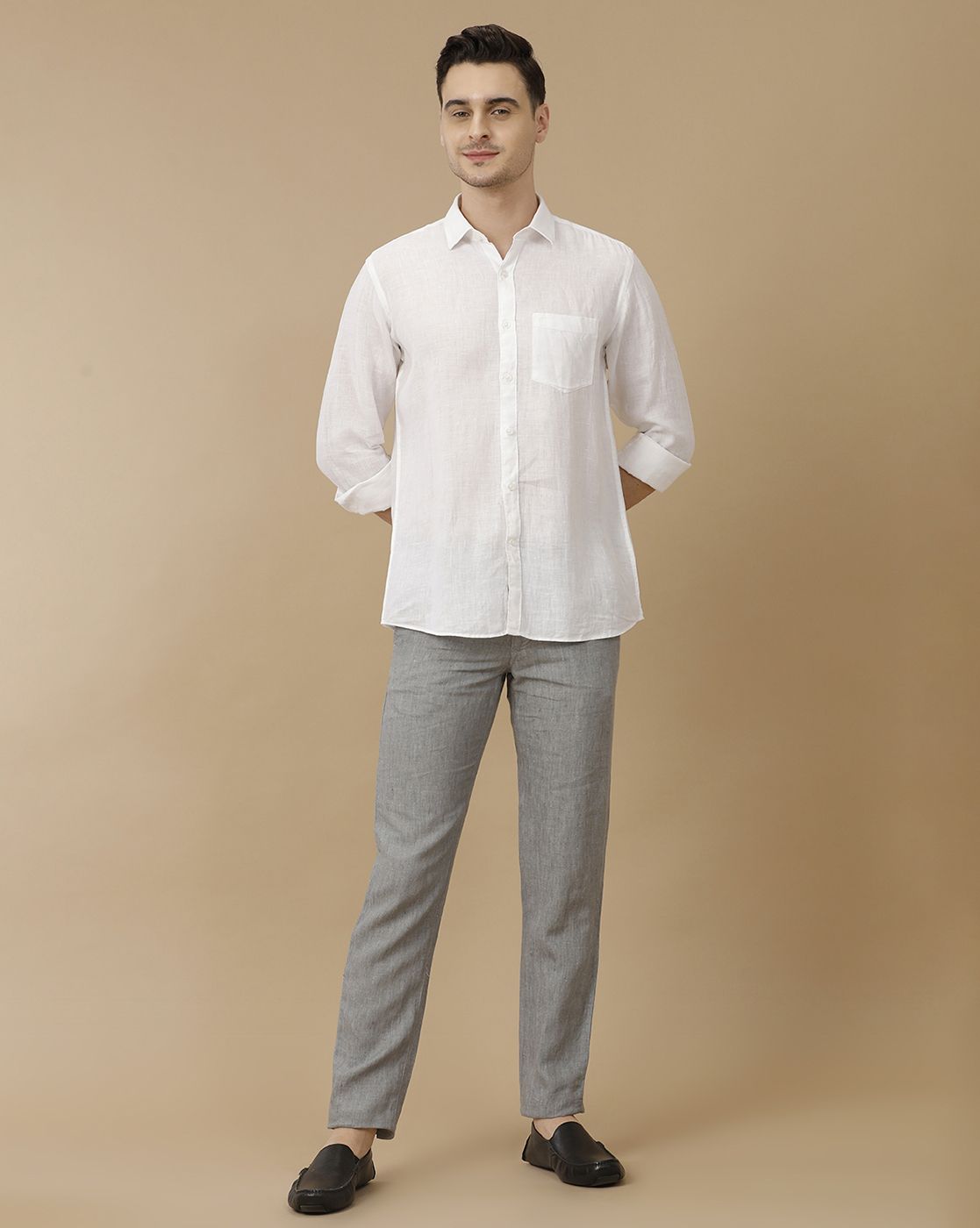 Men's Pure Linen White Solid Contemporary Fit Full Sleeve Casual Shirt