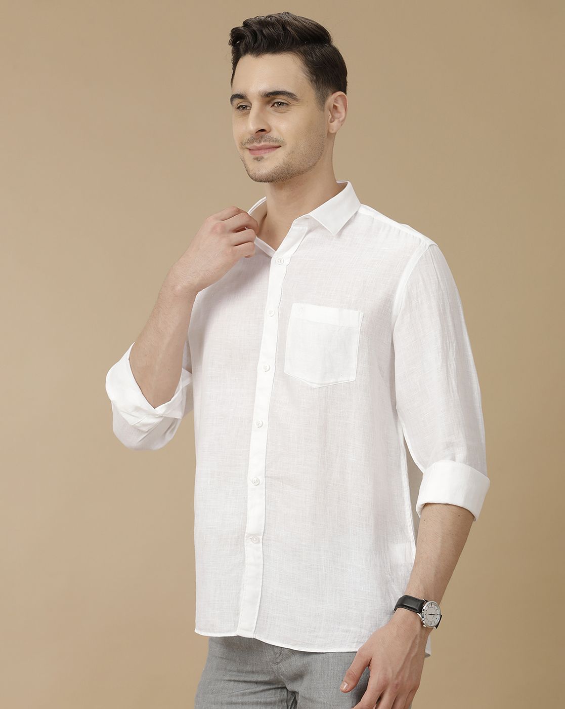 Men's Pure Linen White Solid Contemporary Fit Full Sleeve Casual Shirt