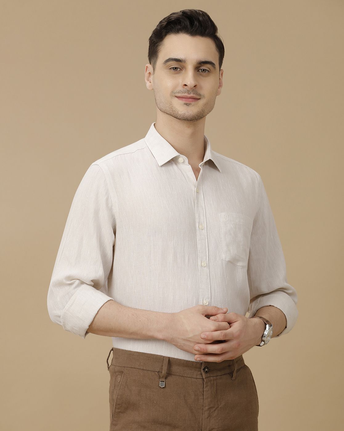 Men's Pure Linen Beige Solid Contemporary Fit Full Sleeve Casual Shirt
