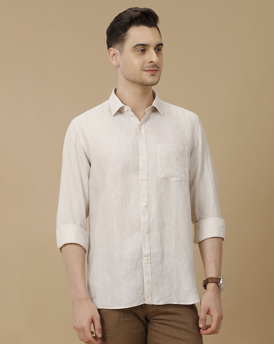 Men's Pure Linen Beige Solid Contemporary Fit Full Sleeve Casual Shirt
