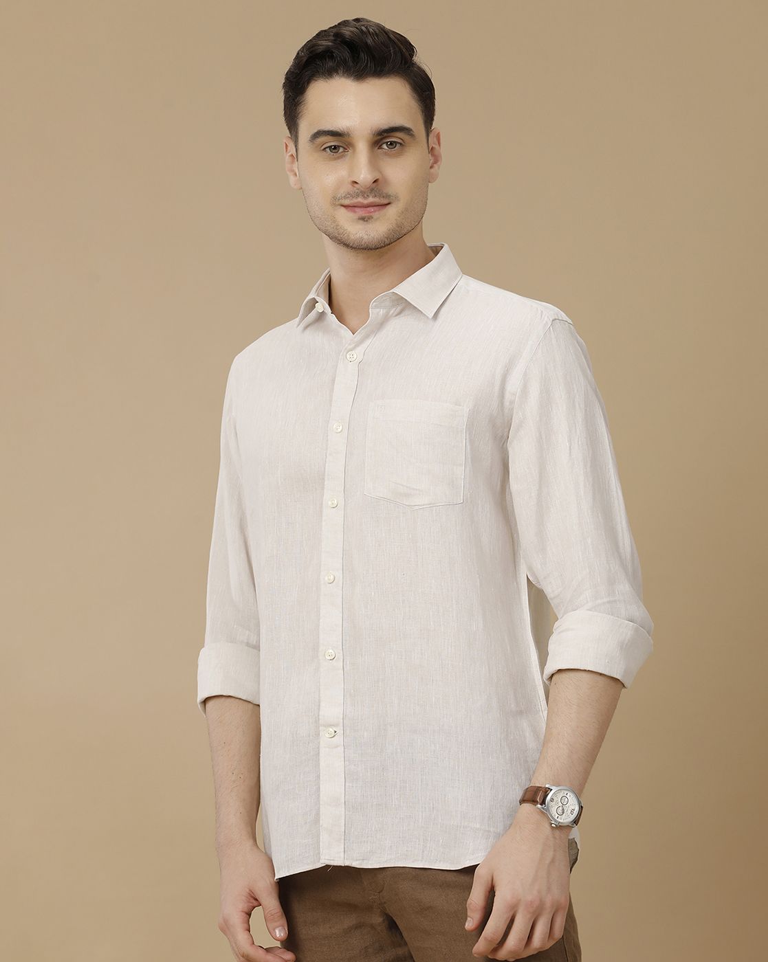 Men's Pure Linen Beige Solid Contemporary Fit Full Sleeve Casual Shirt