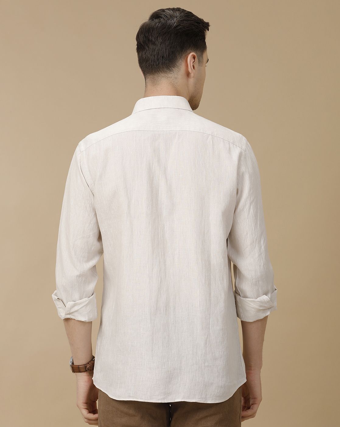 Men's Pure Linen Beige Solid Contemporary Fit Full Sleeve Casual Shirt